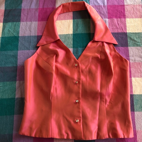 Vintage Pink Orange rhinestone halter Top size 10 Medium 90s - Picture 2 of 16